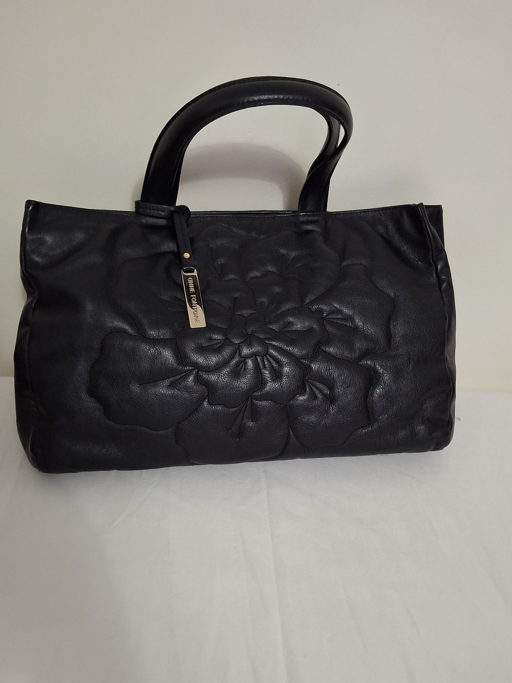 Anne Fontaine Paris Black Leather Stitched Flower Scarlett Tote Handbag Bag Dust